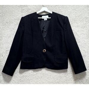 Vintage Oleg Cassini Blazer Jacket Womens 16 Black Wool Lined Single Breasted
